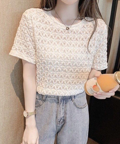 shoppinggo(ショッピングゴー)の「ブラウストップス 白 薄手 花柄 透かし編み Tシャツ(Tシャツ/カットソー・レディース・ホワイト/オレンジ/ブルー・L/M)」の5枚目の写真