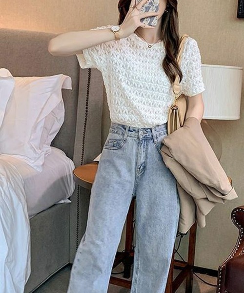 shoppinggo(ショッピングゴー)の「ブラウストップス 白 薄手 花柄 透かし編み Tシャツ(Tシャツ/カットソー・レディース・ホワイト/オレンジ/ブルー・L/M)」の6枚目の写真