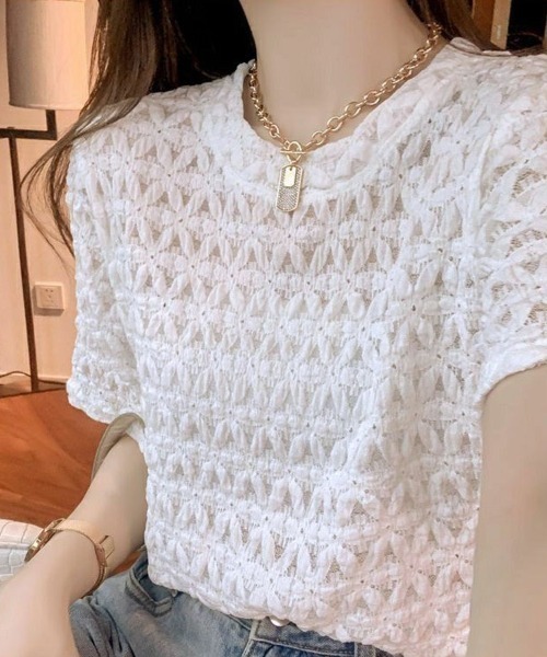 shoppinggo(ショッピングゴー)の「ブラウストップス 白 薄手 花柄 透かし編み Tシャツ(Tシャツ/カットソー・レディース・ホワイト/オレンジ/ブルー・L/M)」の9枚目の写真