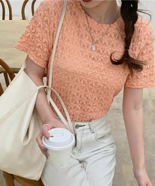 shoppinggo(ショッピングゴー)の「ブラウストップス 白 薄手 花柄 透かし編み Tシャツ(Tシャツ/カットソー・レディース・ホワイト/オレンジ/ブルー・L/M)」の10枚目の写真