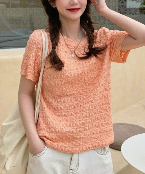 shoppinggo(ショッピングゴー)の「ブラウストップス 白 薄手 花柄 透かし編み Tシャツ(Tシャツ/カットソー・レディース・ホワイト/オレンジ/ブルー・L/M)」の13枚目の写真