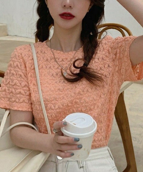shoppinggo(ショッピングゴー)の「ブラウストップス 白 薄手 花柄 透かし編み Tシャツ(Tシャツ/カットソー・レディース・ホワイト/オレンジ/ブルー・L/M)」の15枚目の写真
