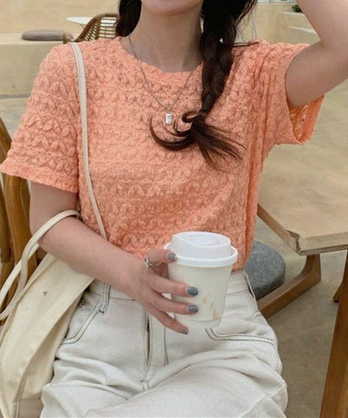 shoppinggo(ショッピングゴー)の「ブラウストップス 白 薄手 花柄 透かし編み Tシャツ(Tシャツ/カットソー・レディース・ホワイト/オレンジ/ブルー・L/M)」の16枚目の写真