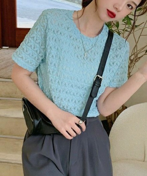 shoppinggo(ショッピングゴー)の「ブラウストップス 白 薄手 花柄 透かし編み Tシャツ(Tシャツ/カットソー・レディース・ホワイト/オレンジ/ブルー・L/M)」の17枚目の写真