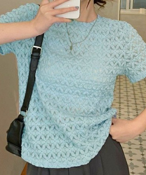 shoppinggo(ショッピングゴー)の「ブラウストップス 白 薄手 花柄 透かし編み Tシャツ(Tシャツ/カットソー・レディース・ホワイト/オレンジ/ブルー・L/M)」の18枚目の写真