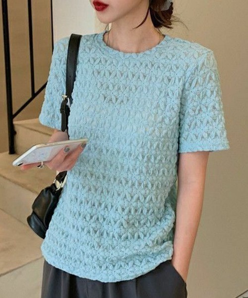 shoppinggo(ショッピングゴー)の「ブラウストップス 白 薄手 花柄 透かし編み Tシャツ(Tシャツ/カットソー・レディース・ホワイト/オレンジ/ブルー・L/M)」の19枚目の写真