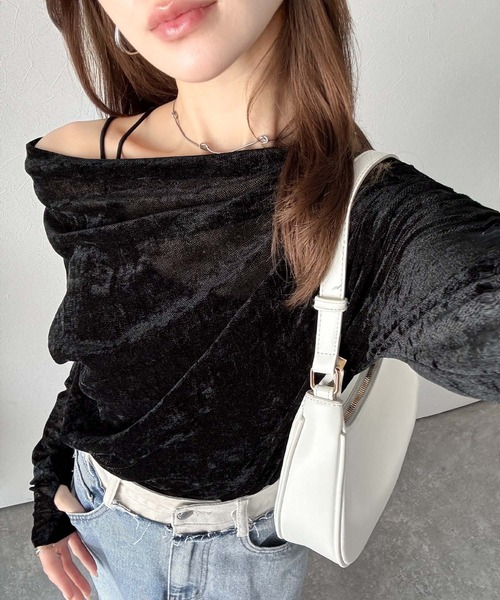 mily bilet(ミウィビレット)の「【mily bilet】一歩先のオシャレにアップデート!シアーベロアワンオフショルドレーププルオーバー(サムホール付き)(Tシャツ/カットソー・レディース・グレー/ピンクベージュ/ブラウン/ブラック・LARGE/X-LARGE/SMALL/MEDIUM)」の1枚目の写真