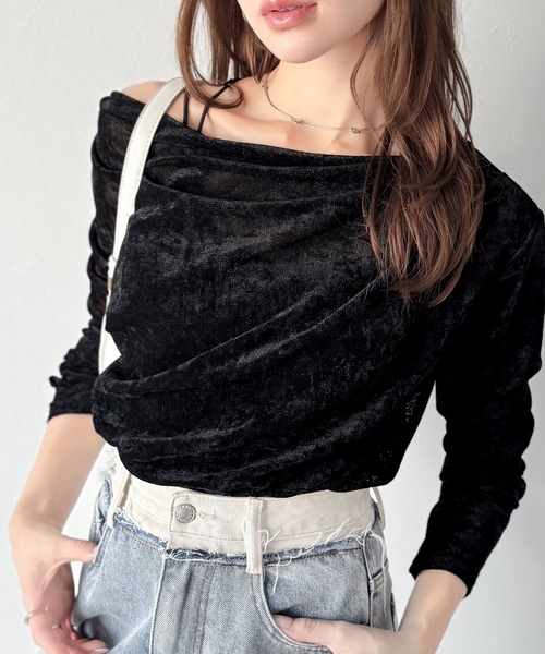 mily bilet(ミウィビレット)の「【mily bilet】一歩先のオシャレにアップデート!シアーベロアワンオフショルドレーププルオーバー(サムホール付き)(Tシャツ/カットソー・レディース・グレー/ピンクベージュ/ブラウン/ブラック・LARGE/X-LARGE/SMALL/MEDIUM)」の22枚目の写真