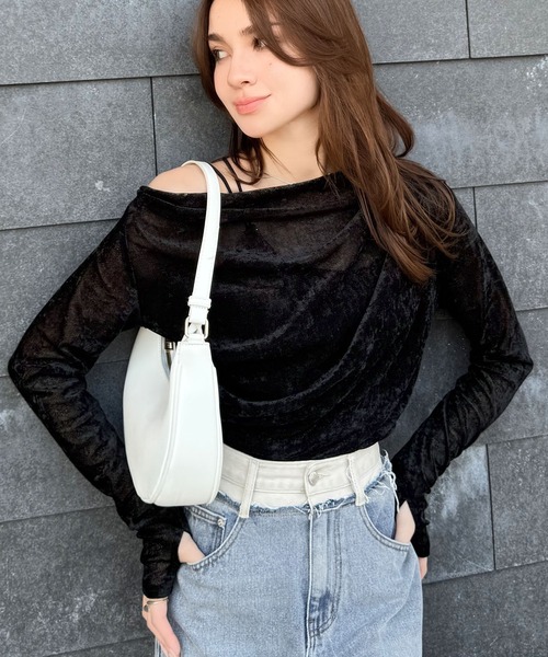 mily bilet(ミウィビレット)の「【mily bilet】一歩先のオシャレにアップデート!シアーベロアワンオフショルドレーププルオーバー(サムホール付き)(Tシャツ/カットソー・レディース・グレー/ピンクベージュ/ブラウン/ブラック・LARGE/X-LARGE/SMALL/MEDIUM)」の15枚目の写真
