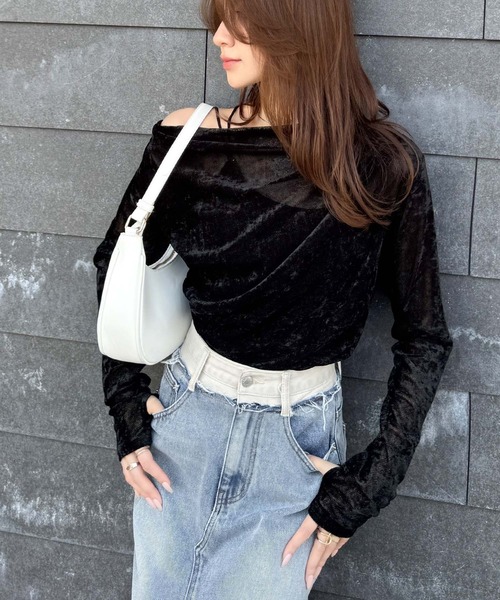 mily bilet(ミウィビレット)の「【mily bilet】一歩先のオシャレにアップデート!シアーベロアワンオフショルドレーププルオーバー(サムホール付き)(Tシャツ/カットソー・レディース・グレー/ピンクベージュ/ブラウン/ブラック・LARGE/X-LARGE/SMALL/MEDIUM)」の20枚目の写真