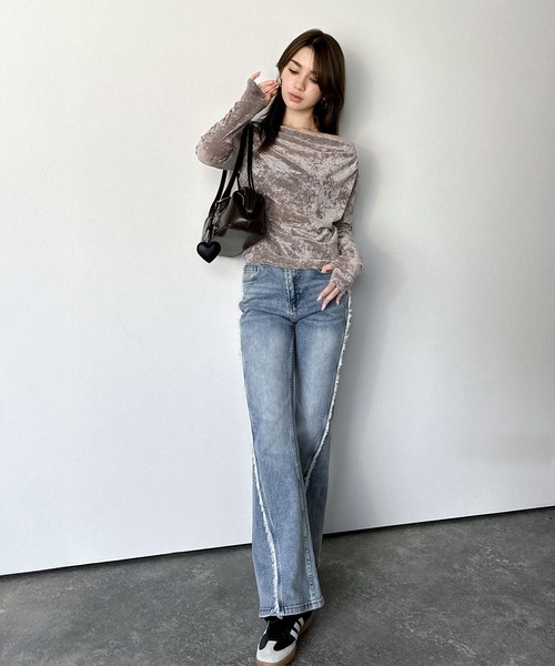 mily bilet(ミウィビレット)の「【mily bilet】一歩先のオシャレにアップデート!シアーベロアワンオフショルドレーププルオーバー(サムホール付き)(Tシャツ/カットソー・レディース・グレー/ピンクベージュ/ブラウン/ブラック・LARGE/X-LARGE/SMALL/MEDIUM)」の6枚目の写真