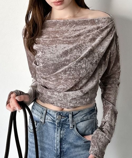 mily bilet(ミウィビレット)の「【mily bilet】一歩先のオシャレにアップデート!シアーベロアワンオフショルドレーププルオーバー(サムホール付き)(Tシャツ/カットソー・レディース・グレー/ピンクベージュ/ブラウン/ブラック・LARGE/X-LARGE/SMALL/MEDIUM)」の9枚目の写真