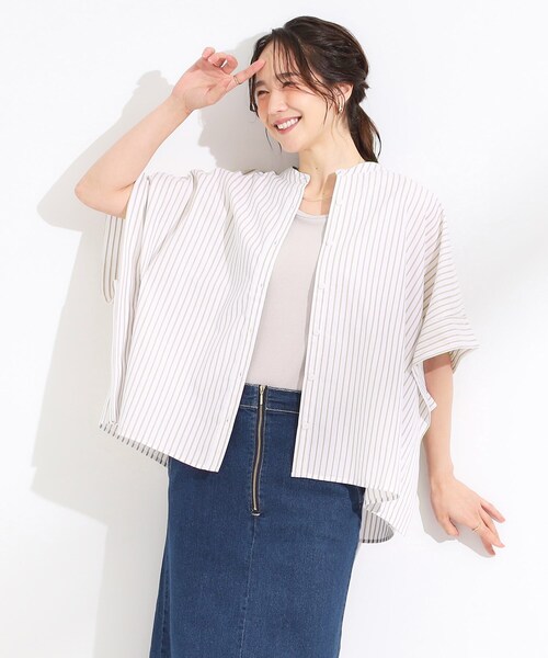 DRESKIP（ドレスキップ）の「きれいめカジュアルに ラメストライプ ポンチョ風シャツ（シャツ/ブラウス・レディース・ネイビー系2/ピンク系3/ベージュ系2・00）」の4枚目の写真