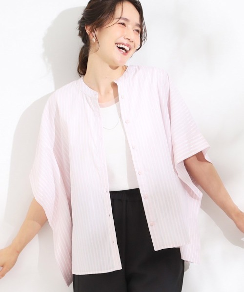 DRESKIP（ドレスキップ）の「きれいめカジュアルに ラメストライプ ポンチョ風シャツ（シャツ/ブラウス・レディース・ネイビー系2/ピンク系3/ベージュ系2・00）」の3枚目の写真