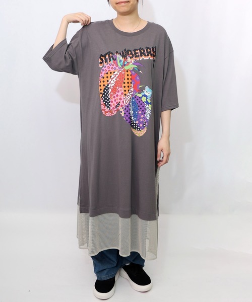 ワンピース　いちご♡ sama セール】152694：イチゴ柄メッシュ切替ワンピース（ワンピース