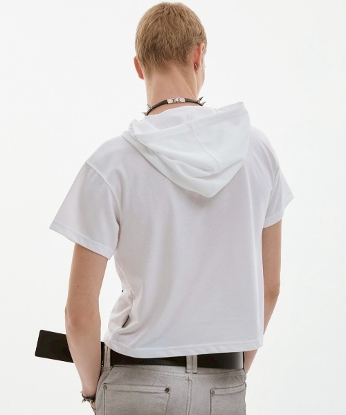 ESC STUDIO(イーエスシースタジオ)の「【ESC STUDIO】quadruple shaky hoodie / 【イーエスシースタジオ】クアドルプルシャイキーロゴフード付き半袖Tシャツ(Tシャツ/カットソー・メンズ・ホワイト/ブラック/ホワイト×ブラック・ONE SIZE)」の4枚目の写真