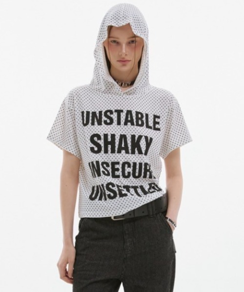 ESC STUDIO(イーエスシースタジオ)の「【ESC STUDIO】quadruple shaky hoodie / 【イーエスシースタジオ】クアドルプルシャイキーロゴフード付き半袖Tシャツ(Tシャツ/カットソー・メンズ・ホワイト/ブラック/ホワイト×ブラック・ONE SIZE)」の9枚目の写真