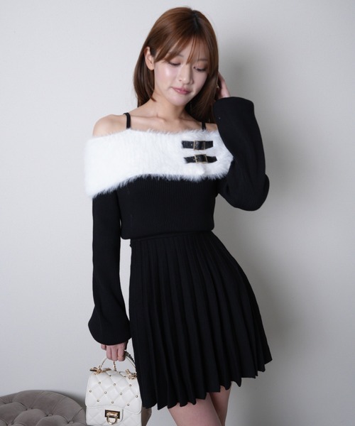 セール】フェザーオフショルプリーツニットワンピース（ワンピース