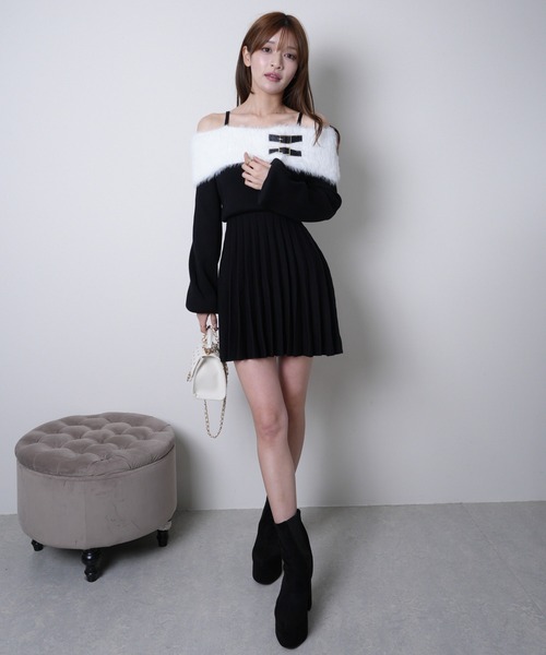 セール】フェザーオフショルプリーツニットワンピース（ワンピース