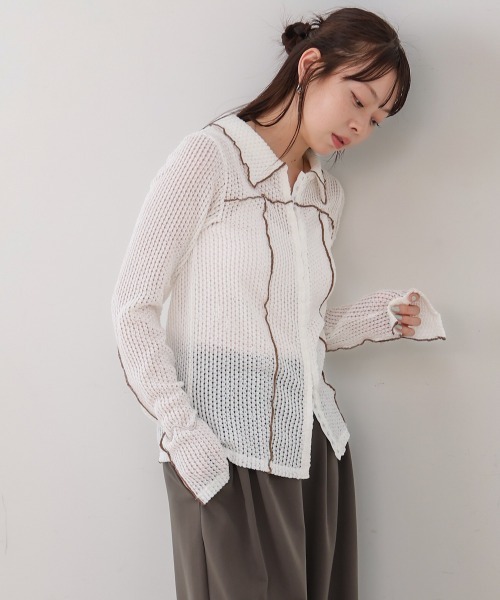 Bab(バブ)の「ウェーブメロウホックシャツトップス(シャツ/ブラウス・レディース・ブラウン/チャコールグレー/アイボリー・FREE)」の5枚目の写真