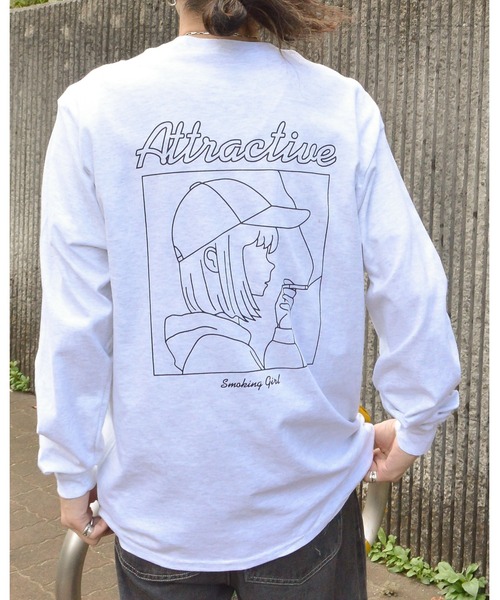 MODISH GAZE(モディシュガゼ)の「【MODISH GAZE】6.0オンス スモーキングガール 線画イラストロンT 長袖(Tシャツ/カットソー・メンズ・ホワイト/グレー系1/ネイビー/ブルー系1/ブラック/グレー系2/アッシュグレー/ダークグリーン/ブルー系2・SMALL/MEDIUM/LARGE/X-LARGE)」の3枚目の写真