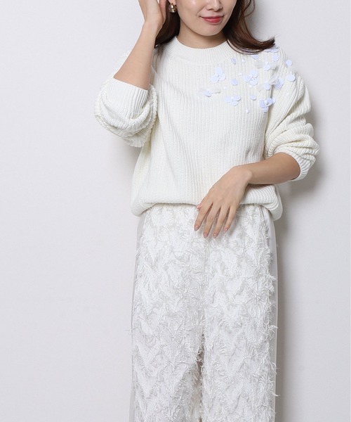 スパンコールフラワー片畦プルオーバー