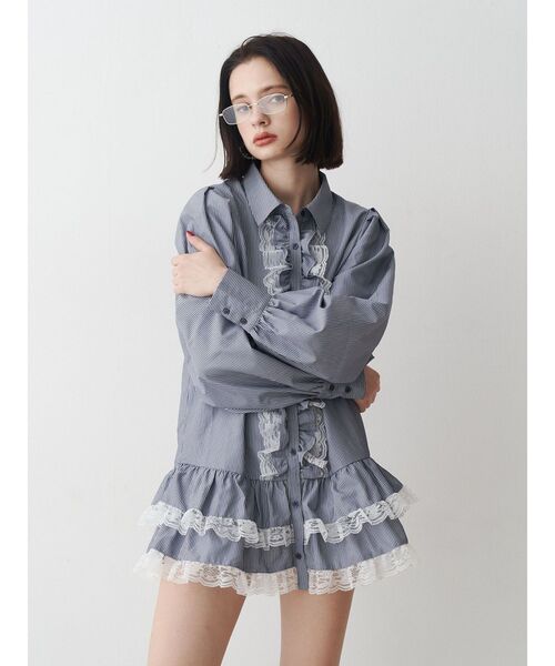 jouetie（ジュエティ）の「レースフリルチュニックシャツ（シャツ/ブラウス・レディース・ブラック/オフホワイト/ネイビー・MEDIUM）」の6枚目の写真