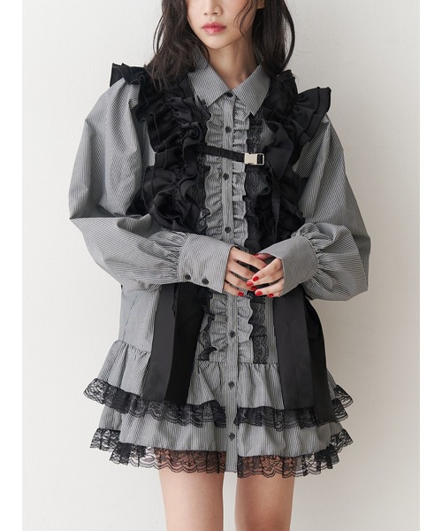 jouetie ヘムレースフリルチュニックシャツ　ブラウス　フリル　M ブラック jouetie ブラウス シャツ 「再入荷」ヘムレースフリルチュニック