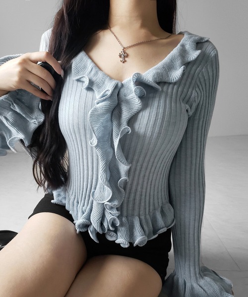 me+em select(ミームセレクト)の「【 5color 】シアーフリル長袖リブニットカーディガン / sheer frill long-sleeve ribbed knit cardigan(カーディガン/ボレロ・レディース・ブルー/グレー/チャコール/ブラック/アイボリー・FREE)」の5枚目の写真