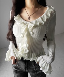 【 5color 】シアーフリル長袖リブニットカーディガン / sheer frill long-sleeve ribbed knit cardigan
