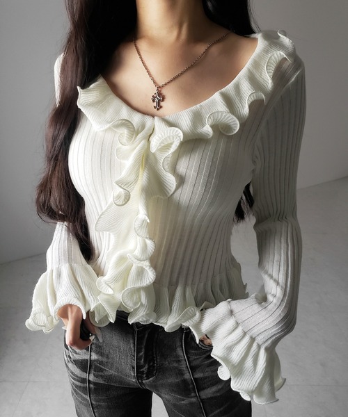 5color 】シアーフリル長袖リブニットカーディガン ／ sheer frill