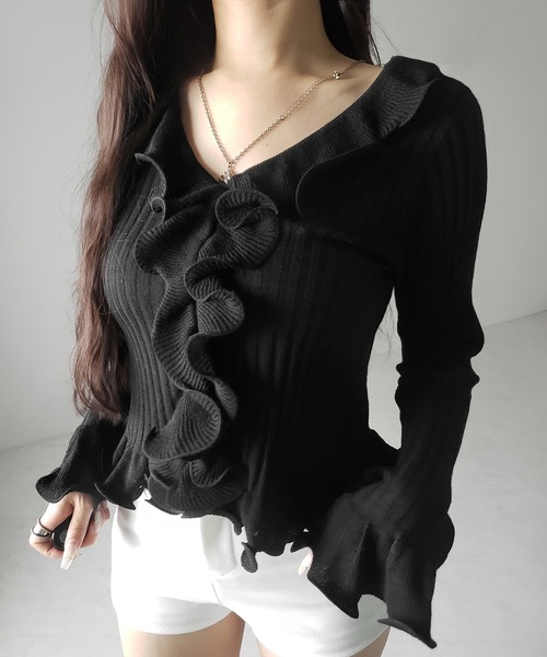 45R リブニットソー　長袖　黒 5color 】シアーフリル長袖リブニットカーディガン ／ sheer frill