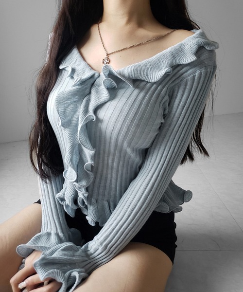 me+em select(ミームセレクト)の「【 5color 】シアーフリル長袖リブニットカーディガン / sheer frill long-sleeve ribbed knit cardigan(カーディガン/ボレロ・レディース・ブルー/グレー/チャコール/ブラック/アイボリー・FREE)」の7枚目の写真