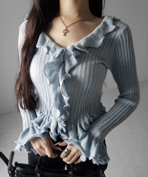 me+em select(ミームセレクト)の「【 5color 】シアーフリル長袖リブニットカーディガン / sheer frill long-sleeve ribbed knit cardigan(カーディガン/ボレロ・レディース・ブルー/グレー/チャコール/ブラック/アイボリー・FREE)」の10枚目の写真
