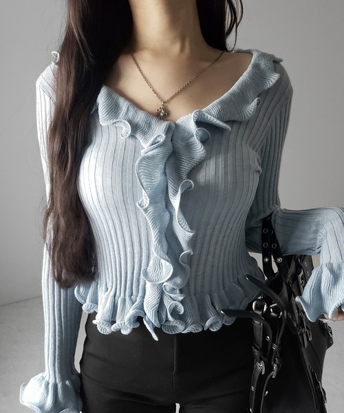 me+em select(ミームセレクト)の「【 5color 】シアーフリル長袖リブニットカーディガン / sheer frill long-sleeve ribbed knit cardigan(カーディガン/ボレロ・レディース・ブルー/グレー/チャコール/ブラック/アイボリー・FREE)」の11枚目の写真