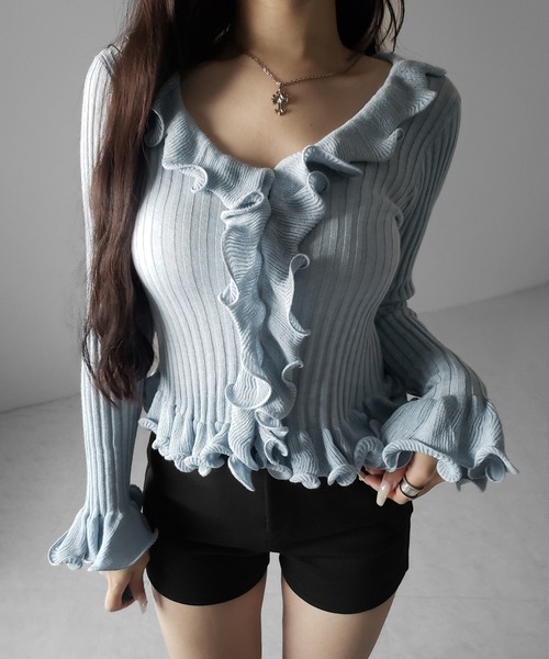 me+em select(ミームセレクト)の「【 5color 】シアーフリル長袖リブニットカーディガン / sheer frill long-sleeve ribbed knit cardigan(カーディガン/ボレロ・レディース・ブルー/グレー/チャコール/ブラック/アイボリー・FREE)」の12枚目の写真