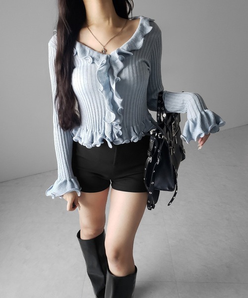 me+em select(ミームセレクト)の「【 5color 】シアーフリル長袖リブニットカーディガン / sheer frill long-sleeve ribbed knit cardigan(カーディガン/ボレロ・レディース・ブルー/グレー/チャコール/ブラック/アイボリー・FREE)」の13枚目の写真