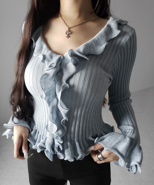 me+em select(ミームセレクト)の「【 5color 】シアーフリル長袖リブニットカーディガン / sheer frill long-sleeve ribbed knit cardigan(カーディガン/ボレロ・レディース・ブルー/グレー/チャコール/ブラック/アイボリー・FREE)」の15枚目の写真