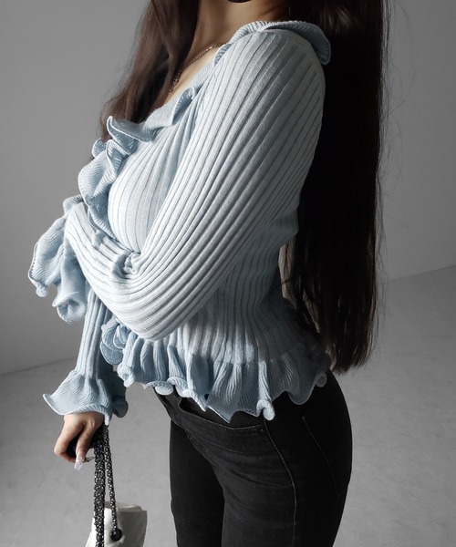 me+em select(ミームセレクト)の「【 5color 】シアーフリル長袖リブニットカーディガン / sheer frill long-sleeve ribbed knit cardigan(カーディガン/ボレロ・レディース・ブルー/グレー/チャコール/ブラック/アイボリー・FREE)」の16枚目の写真