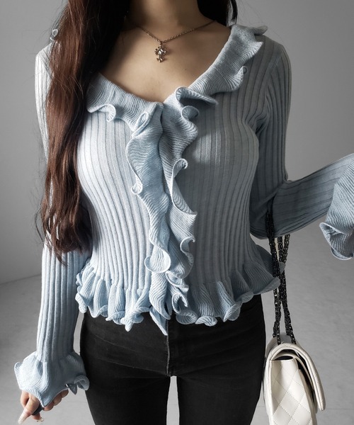 me+em select(ミームセレクト)の「【 5color 】シアーフリル長袖リブニットカーディガン / sheer frill long-sleeve ribbed knit cardigan(カーディガン/ボレロ・レディース・ブルー/グレー/チャコール/ブラック/アイボリー・FREE)」の17枚目の写真
