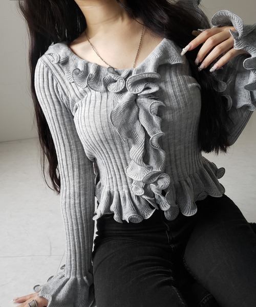 me+em select(ミームセレクト)の「【 5color 】シアーフリル長袖リブニットカーディガン / sheer frill long-sleeve ribbed knit cardigan(カーディガン/ボレロ・レディース・ブルー/グレー/チャコール/ブラック/アイボリー・FREE)」の19枚目の写真