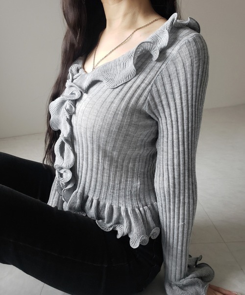 me+em select(ミームセレクト)の「【 5color 】シアーフリル長袖リブニットカーディガン / sheer frill long-sleeve ribbed knit cardigan(カーディガン/ボレロ・レディース・ブルー/グレー/チャコール/ブラック/アイボリー・FREE)」の20枚目の写真