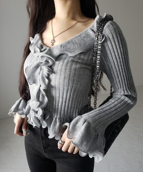 me+em select(ミームセレクト)の「【 5color 】シアーフリル長袖リブニットカーディガン / sheer frill long-sleeve ribbed knit cardigan(カーディガン/ボレロ・レディース・ブルー/グレー/チャコール/ブラック/アイボリー・FREE)」の21枚目の写真