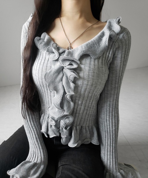 me+em select(ミームセレクト)の「【 5color 】シアーフリル長袖リブニットカーディガン / sheer frill long-sleeve ribbed knit cardigan(カーディガン/ボレロ・レディース・ブルー/グレー/チャコール/ブラック/アイボリー・FREE)」の18枚目の写真