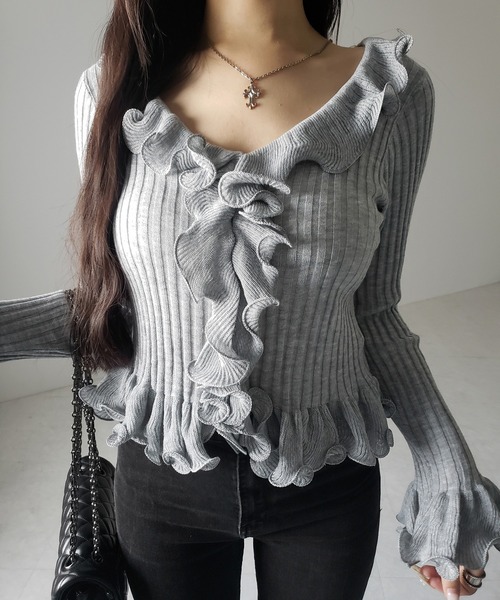 me+em select(ミームセレクト)の「【 5color 】シアーフリル長袖リブニットカーディガン / sheer frill long-sleeve ribbed knit cardigan(カーディガン/ボレロ・レディース・ブルー/グレー/チャコール/ブラック/アイボリー・FREE)」の22枚目の写真