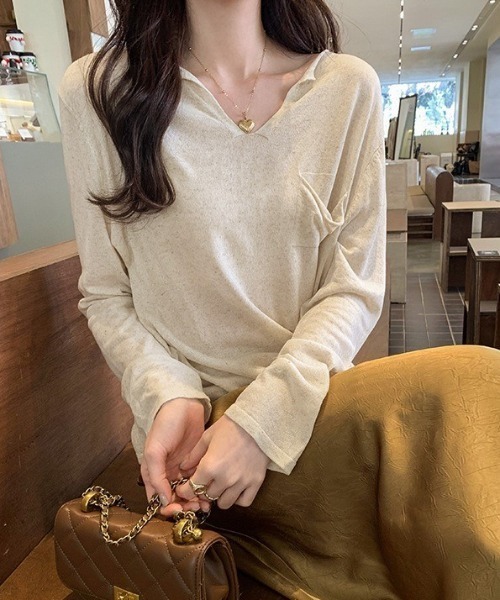 セール】長袖Vネック ニットトップス 【薄手】(ニット/セーター セール】長袖Vネック ニットトップス 【薄手】(ニット/セーター
