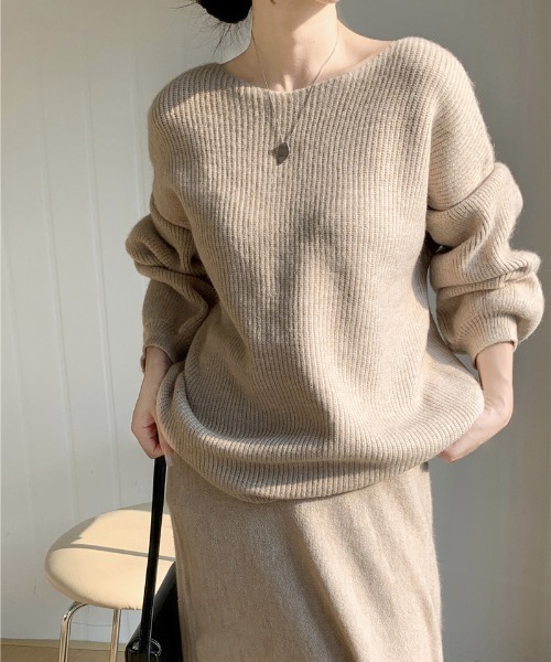 Diosfront（ディオスフロント）の「ボートネック畦編みニットプルオーバーセットアップ（セットアップ・レディース・ブラック/アイボリー/ベージュ/モカ/チャコールグレー・FREE）」の5枚目の写真