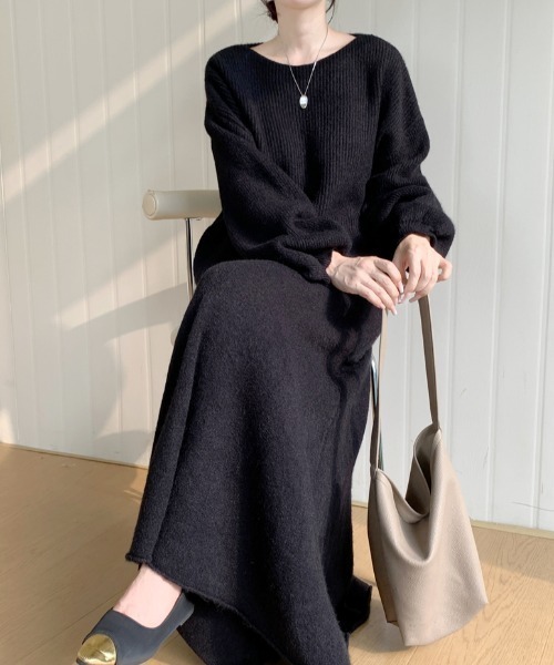 Diosfront（ディオスフロント）の「ボートネック畦編みニットプルオーバーセットアップ（セットアップ・レディース・ブラック/アイボリー/ベージュ/モカ/チャコールグレー・FREE）」の10枚目の写真