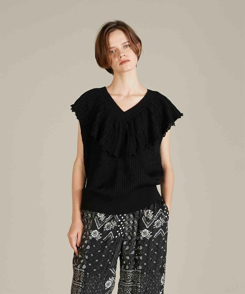 crinkle crinkle crinkle（クリンクルクリンクルクリンクル）の「【crinkle crinkle crinkle】baby alpaca sheer frill vest/ベビーアルカパシアーフリルベスト（ニット/セーター・レディース・ブラック・FREE）」の4枚目の写真