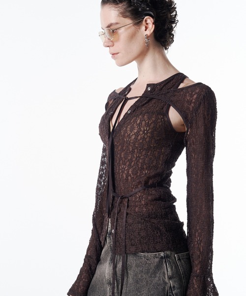 JOSE MOON(ジョゼムーン)の「LACE COMPACT LAYERED TOPS/レースコンパクトレイヤードトップス(Tシャツ/カットソー・レディース・ブラック/ホワイト/ブラウン・FREE)」の5枚目の写真